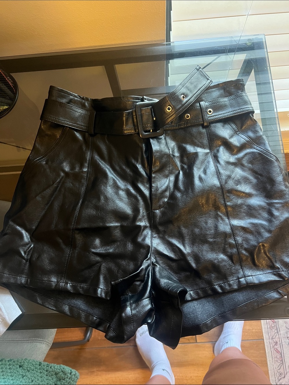 Altar'd State Black High-Waist Faux Leather Belted Shorts